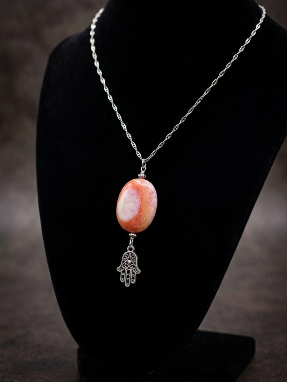 Coral agate and Silver hamsa charm pendant necklace handcrafted NWT